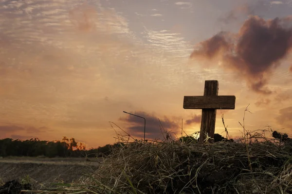 Silhueta Jesus Cristo Crucifixo Cruz Calvário Sunset Fundo Conceito Para — Fotografia de Stock