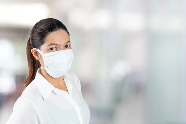 Young Woman Safety Medical Mask Home Isolation Blur Office Window — Stock Photo, Image