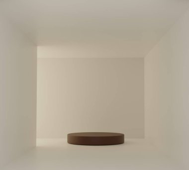 Kozmetik podyum ürünü, platformun bej arka plan 3D görüntüsü ile minimal sahne. Pastel beyaz rengini göster. Kalıpta güzellik arkaplanı olduğunu göster. Basit Silindir pastel tasarımı