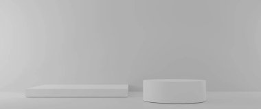 Kozmetik podyum ürünü, platformun gri arka plan 3D görüntüsü ile minimal sahne. Pastel beyaz rengini göster. Güzellik arkaplanını kaidede göstermek için ayağa kalk. Basit Silindir gri tasarımı