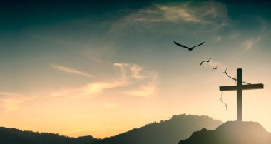 Günbatımı, ibadet, Noel, Paskalya, İsa 'nın Silüeti Şükran Günü duası ve şükran duası konsepti üzerine Haçlı İsa' nın Silüeti