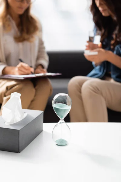 Blurred View Doctor Patient Hourglass Tissues Foreground — Stock Photo, Image