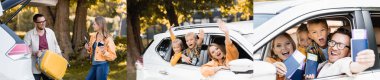 Collage of family with kids waving hands and showing passports with tickets in car, banner  clipart