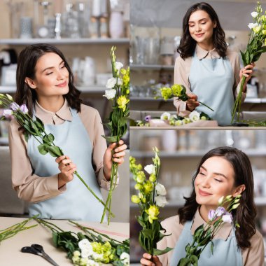 Çiçekçide buket yaparken elinde Eustoma çiçekleri tutan genç mutlu çiçekçi kolajı.