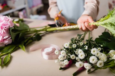 Cropped view of florist with secateurs cutting stalk of plant near flowers and decorative ribbon on desk on blurred background clipart