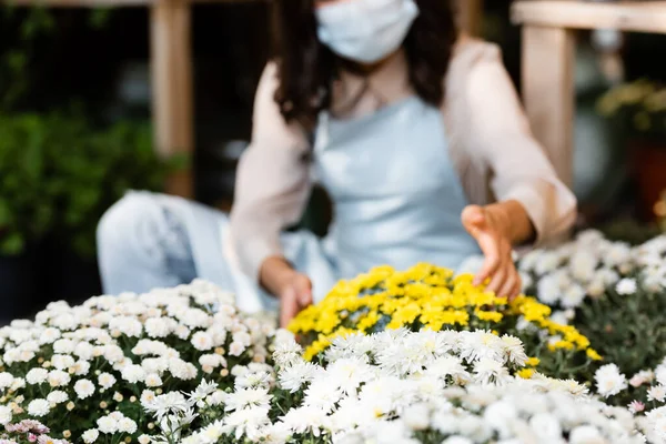 Vista Cortada Florista Máscara Médica Tocando Crisântemos Loja Flores Fundo — Fotografia de Stock