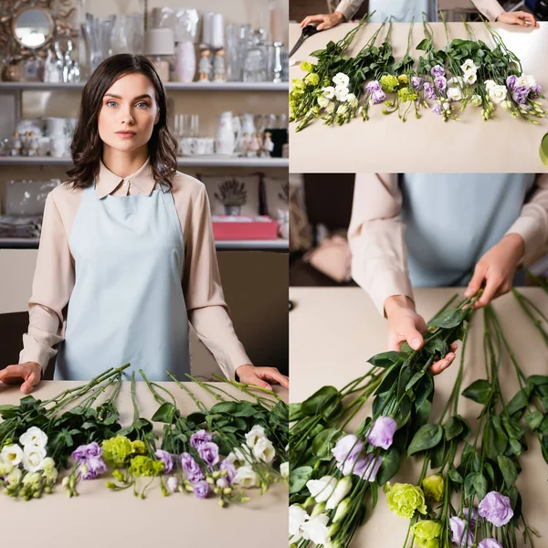 Collage Florist Looking Camera Rack Blurred Background Making Bouquet Eustoma — Stock Photo, Image