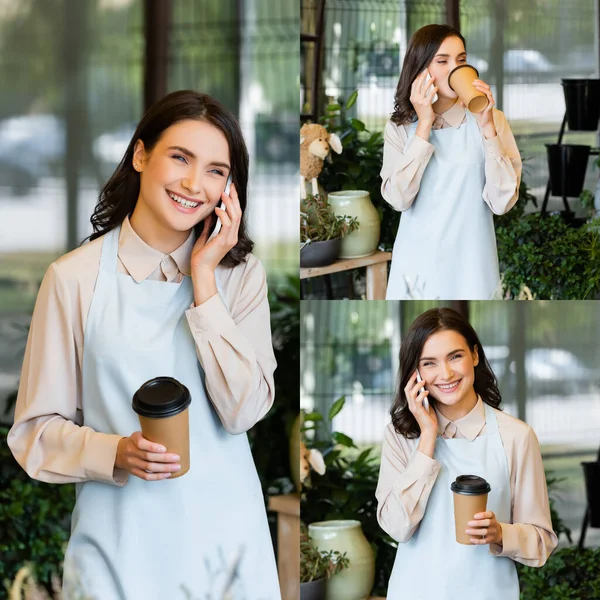 Collage Smiling Florist Holding Coffee Talking Smartphone Brake — Stock Photo, Image