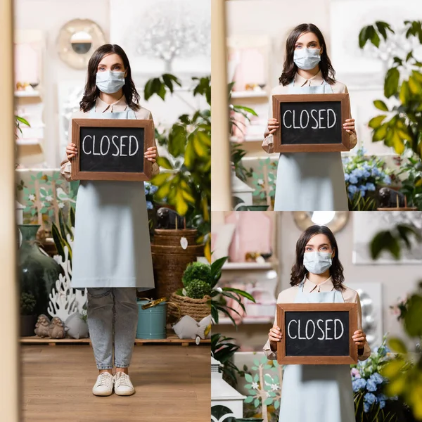 Collage Florist Flower Shop Holding Board Closed Lettering Blurred Foreground — Stock Photo, Image