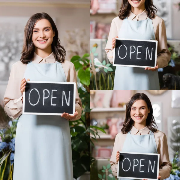 Collage Van Gelukkige Jonge Bloemist Holding Board Met Open Letters — Stockfoto