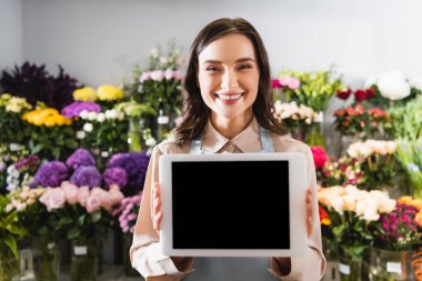 Neşeli bayan çiçekçi arka planda bulanık çiçek demetleriyle dijital tablet gösteriyor.