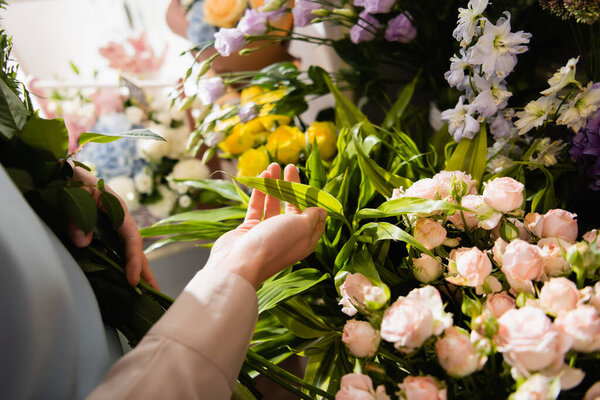 Cropped view of florist with bouquet caring about plant near range of flowers on blurred background