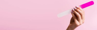 cropped view of woman holding nail file isolated on pink, banner clipart