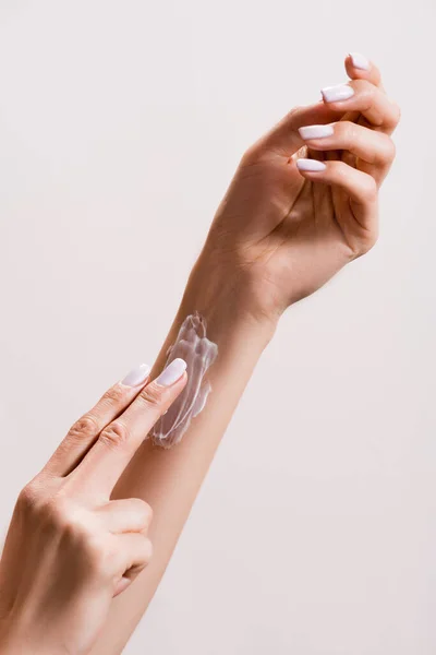 Cropped View Woman Applying Hand Cream Arm Isolated Grey — Stock Photo, Image