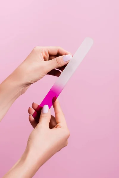 Cropped View Woman Holding Nail File Isolated Pink — Stock Photo, Image