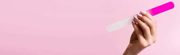 Cropped View Woman Holding Nail File Isolated Pink Banner — Stock Photo, Image