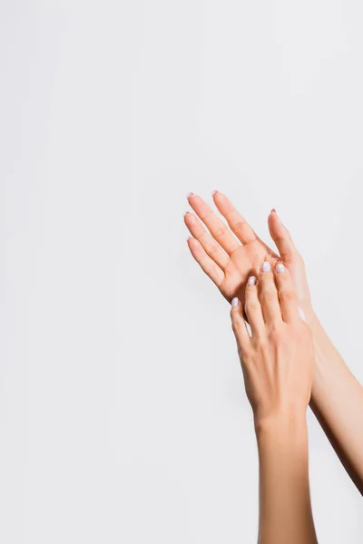 Beskärd Över Kvinnliga Händer Isolerade Vit — Stockfoto