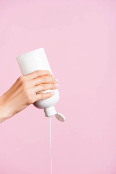 Cropped View Woman Squeezing Lotion Isolated Pink — Stock Photo, Image