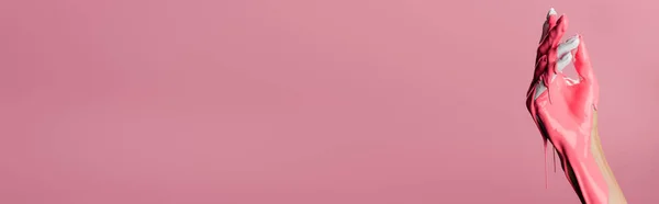 Cropped View Hand Dripping Paint Isolated Pink Banner — Stock Photo, Image