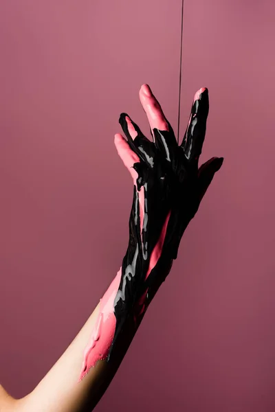 Partial View Hand Dripping Paint Isolated Pink — Stock Photo, Image