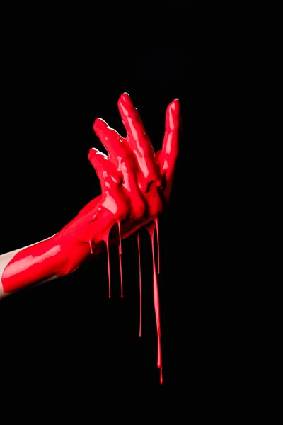 Partial View Painted Hand Red Dripping Paint Isolated Black — Stock Photo, Image