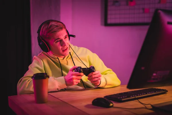 Kyiv Ukraine August 2020 Focused Gamer Using Joystick While Playing — стокове фото