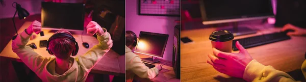 Collage Gamer Headset Showing Yes Gesture Using Computer Taking Coffee — Stock Photo, Image