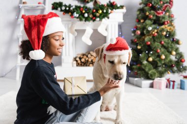 Gülümseyen Afrikalı Amerikalı kız, arka planda bulanık bir hediye kutusu tutarken Labrador köpeğini okşuyor.