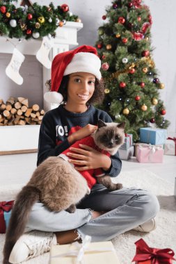 Mutlu Afrikalı Amerikalı kız kameraya gülümserken bulanık arka planda Noel ağacının yanında kediye sarılıyor.