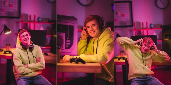 Collage Van Lachende Gamer Koptelefoon Kijken Naar Camera Buurt Van — Stockfoto