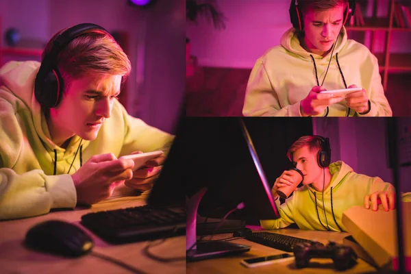 Collage Gamer Headphones Using Smartphone Drinking Coffee Pizza Box Computer — Stock Photo, Image