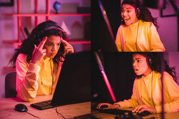 Collage Alegre Pensativo Jugador Afroamericano Auriculares Jugando Videojuego Ordenador Casa — Foto de Stock