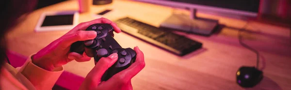 Kyiv Ukraine August 2020 Cropped View Gamer Holding Joystick Computer — Stock Photo, Image