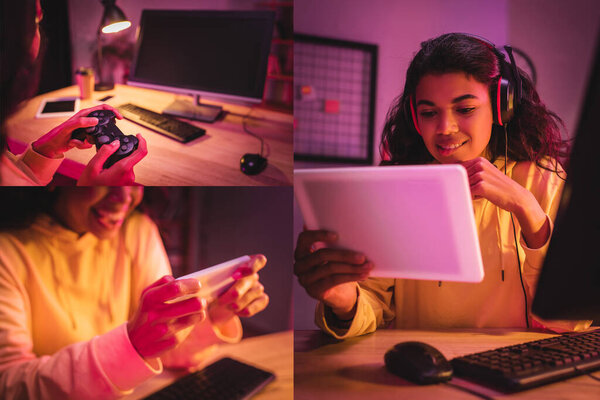 KYIV, UKRAINE - AUGUST 21, 2020: Collage of african American gamer in headset using digital tablet, gamepad and joystick near computer on blurred background 