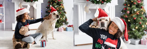 Collage Excited African American Girl Hugging Labrador Dog While Sitting — Stock Photo, Image