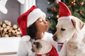 Afrikanische Amerikanerin mit Weihnachtsmütze schickt Luftkuss an Labrador, während sie flauschige Katze auf verschwommenem Hintergrund hält