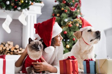 Neşeli Afrikalı Amerikalı kız Labrador, kedi, hediye kutuları ve bulanık arka plandaki noel ağacına bakıyor.