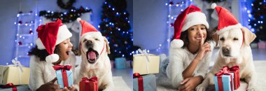 Afrikalı Amerikalı kız kolajı sessiz bir jest yapıyor ve arka planda labrador köpeğiyle esniyor.