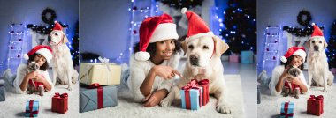Afrika kökenli Amerikalı mutlu bir kızın kediyi okşaması kolajı. Bulanık arka planda Labrador köpeğinin yanında yatarken Noel hediyelerini göstermesi.