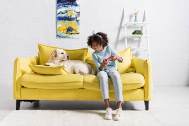 KYIV, UKRAINE - OCTOBER 02, 2020: Preteen girl playing with joystick and sitting near labrador on sofa at home