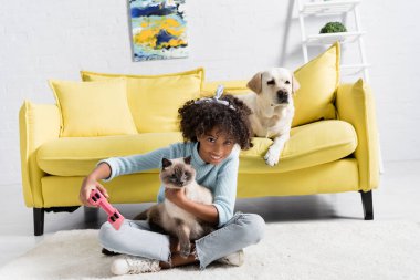 KYIV, UKRAINE - OCTOBER 02, 2020: Preteen girl with joystick embracing cat, while sitting near dog at home