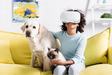 VR kulaklıklı, gülümseyen Afro-Amerikalı kız evdeki kanepede, bulanık arka planda Retriever ve kedilerin yanında oturuyor.
