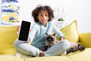 Heyecanlı kıvırcık Afrikalı Amerikalı kız boş ekranlı akıllı telefonu gösterirken evdeki kanepede kedi gibi oturuyor.