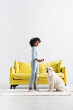 Labrador sitting near african american girl laughing, while standing on white rug at home clipart