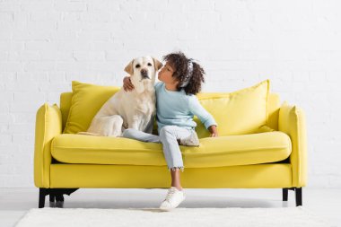 African american girl kissing and embracing retriever looking at camera, while sitting on sofa at home