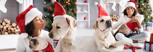 коллаж африканской американки, посылающей воздушный поцелуй собаке-лабрадору, сидя с котом возле рождественской елки на размытом фоне, баннер