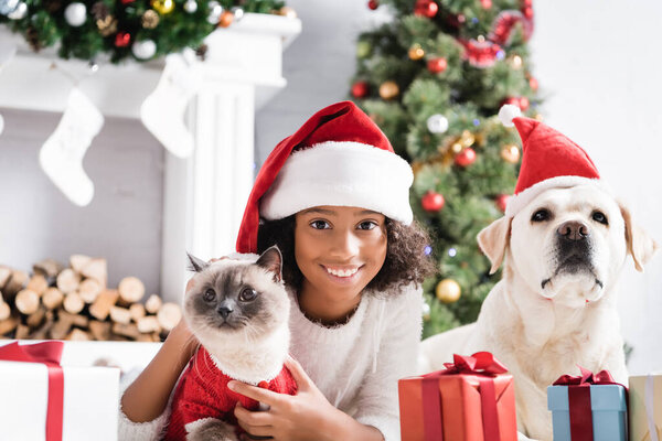cheerful african american girl looking at camera near cat, labrador dog and gift boxes on blurred background
