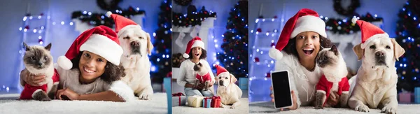 Collage of excited african american girl showing smartphone with blank screen, hugging cat and sitting near pets on blurred background, banner