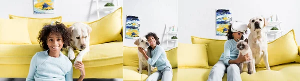 Collage Lockigt Afrikanska Amerikanska Flicka Bär Headset Sitter Nära Katt — Stockfoto