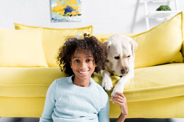 Smiling girl touching labrador paw, while looking at camera and sitting near sofa, at home, on blurred background